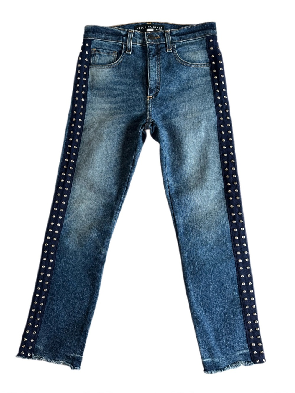 Veronica Beard Ines Rhinestone Side Stripe Girlfriend Jeans Faded Blue Size 25